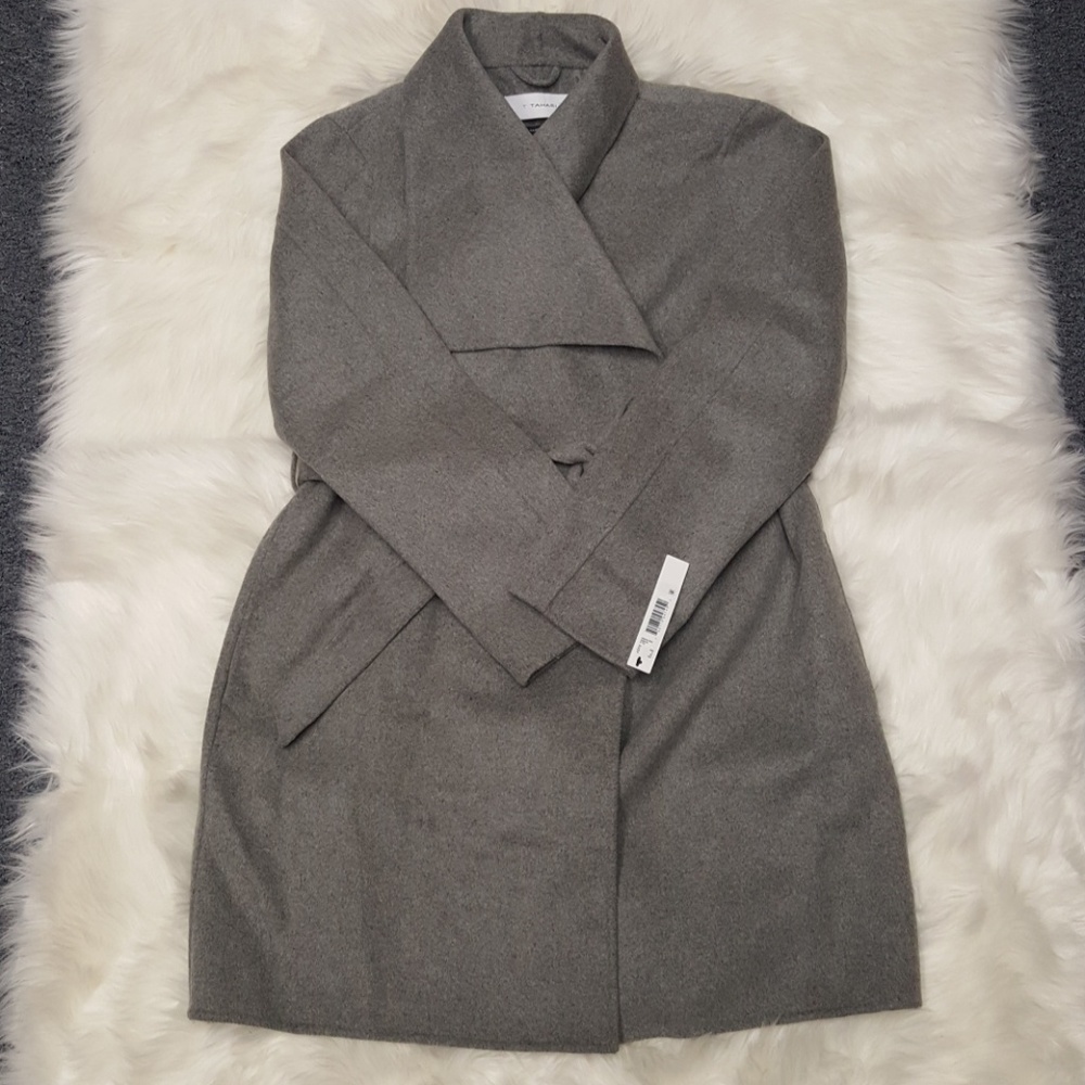 T Tahari Women's Wool Grey Long Coat Tie Belt XL